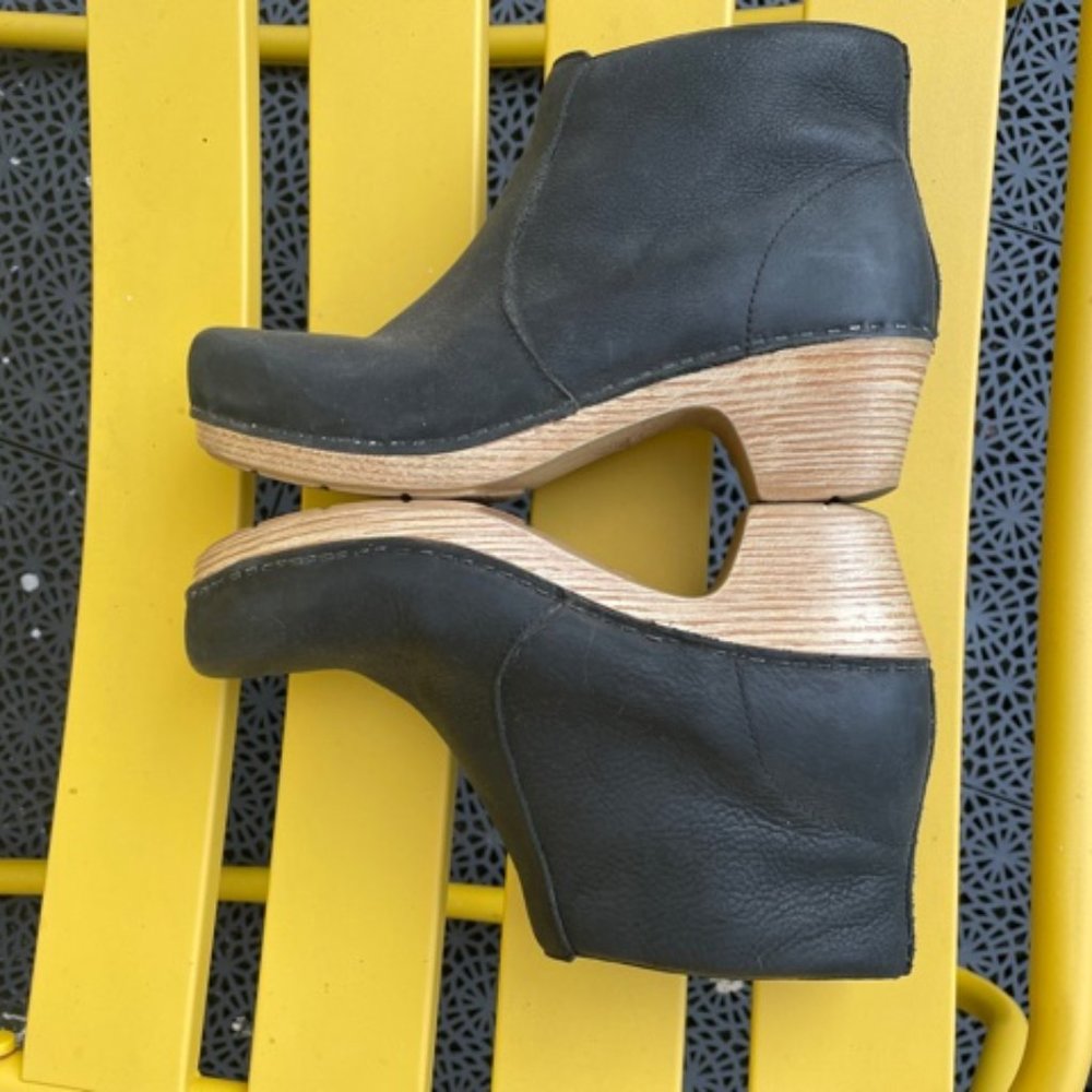 Dansko Black Ankle Boots with Tan Wedge
